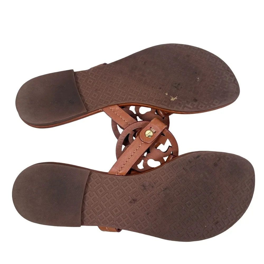 Tory Burch Miller Leather Thong Sandals Royal Tan Brown 6.5 Laser Cut Logo